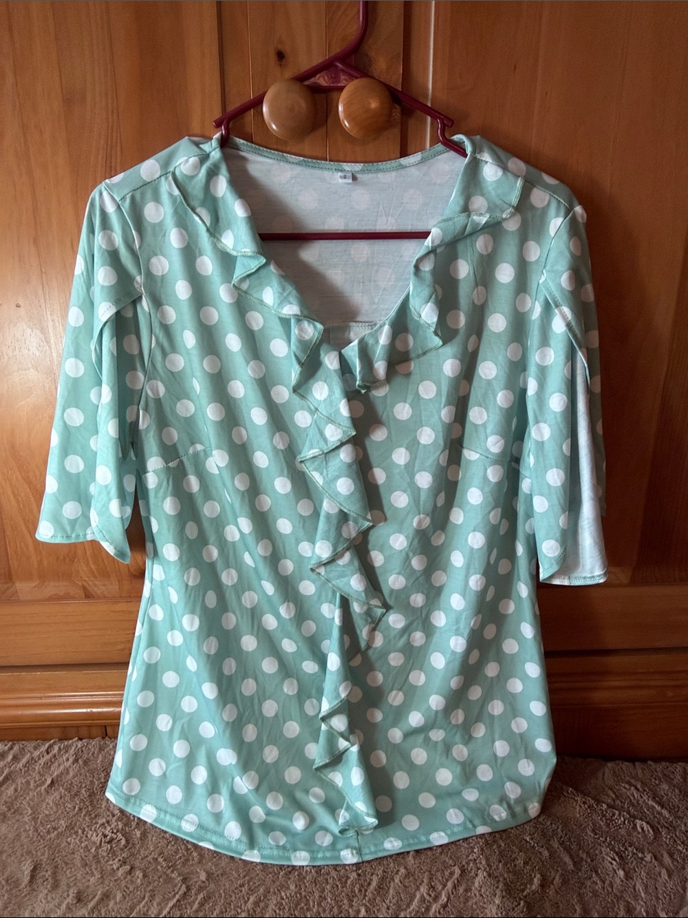 Women's Flutter Sleeve Mint Green Polka Dot Ruffle Front Top - Small
